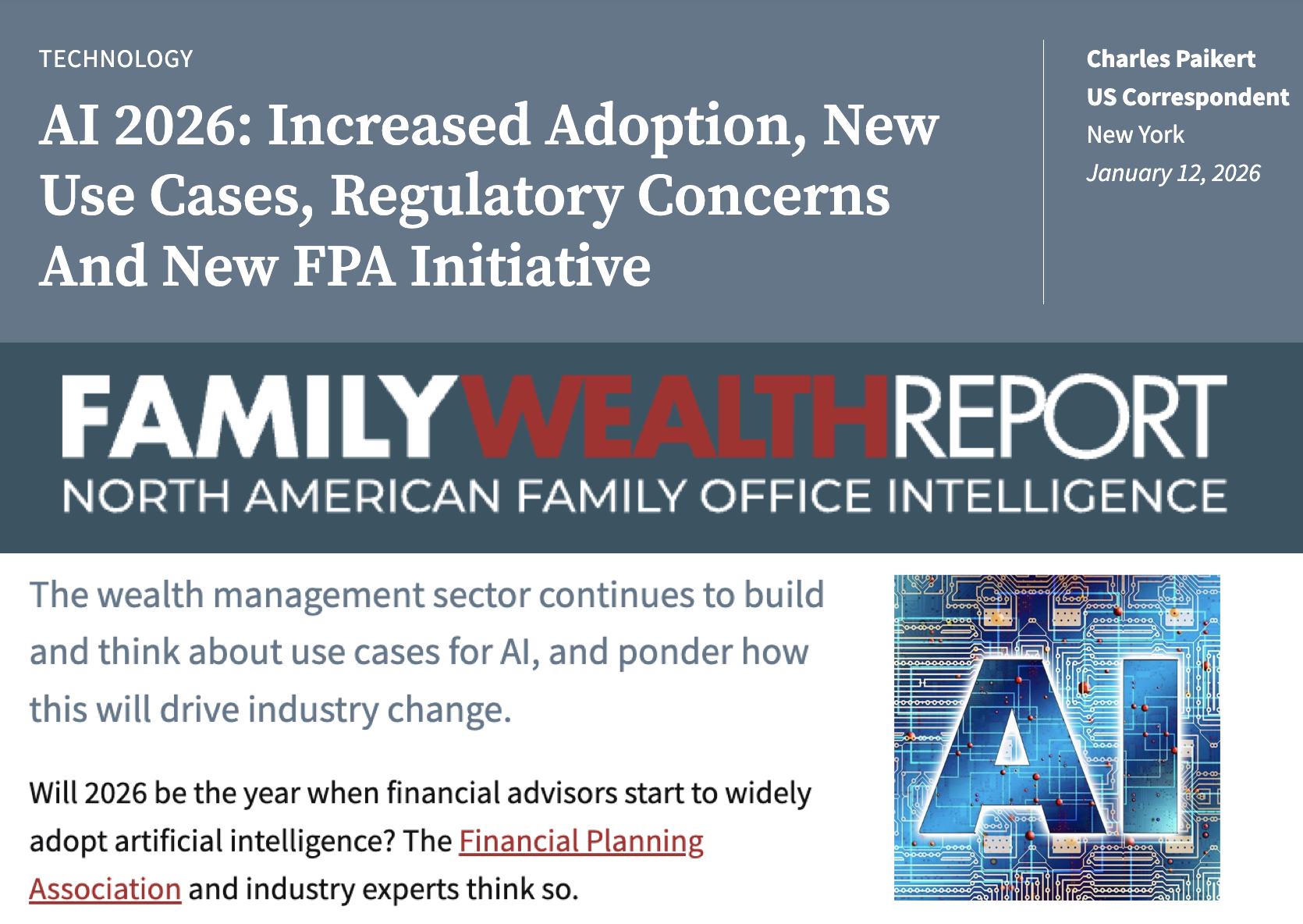 John O'Connell Featured in Family Wealth Report: AI 2026: Increased Adoption, New Use Cases, Regulatory Concerns And New FPA Initiative