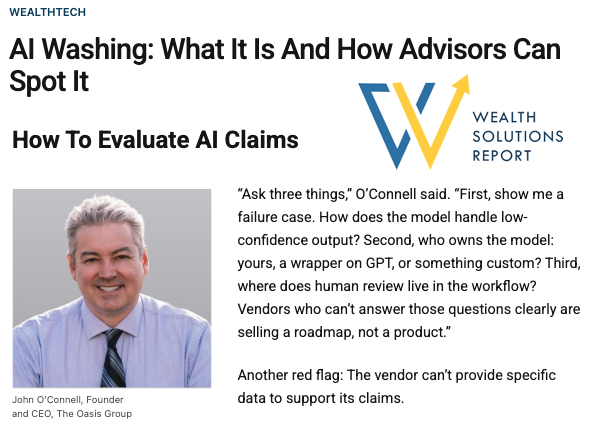 John O'Connell Featured in Wealth Solutions Report: AI Washing: What It Is And How Advisors Can Spot It