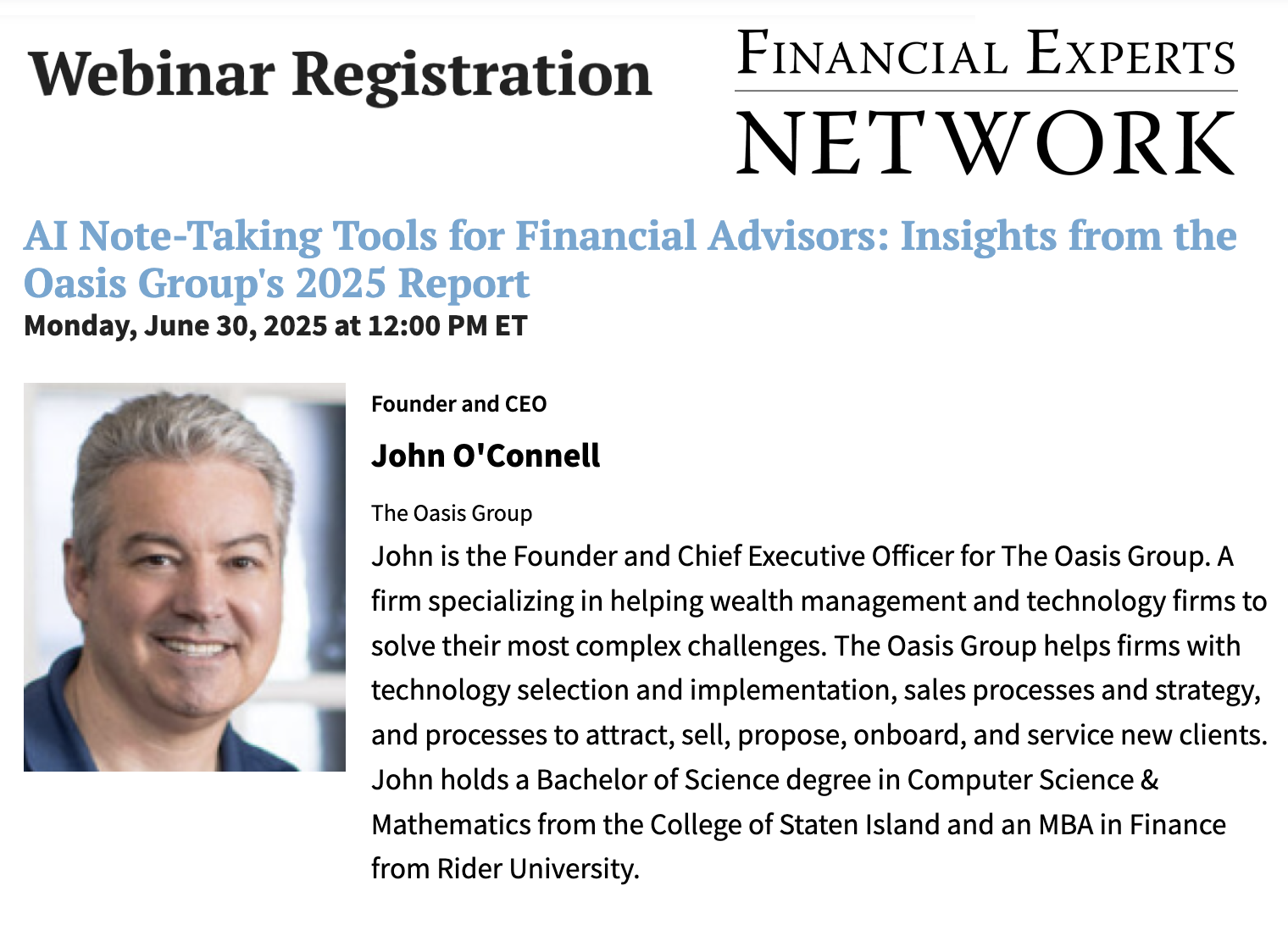 Financial Experts Network Webinar Registration