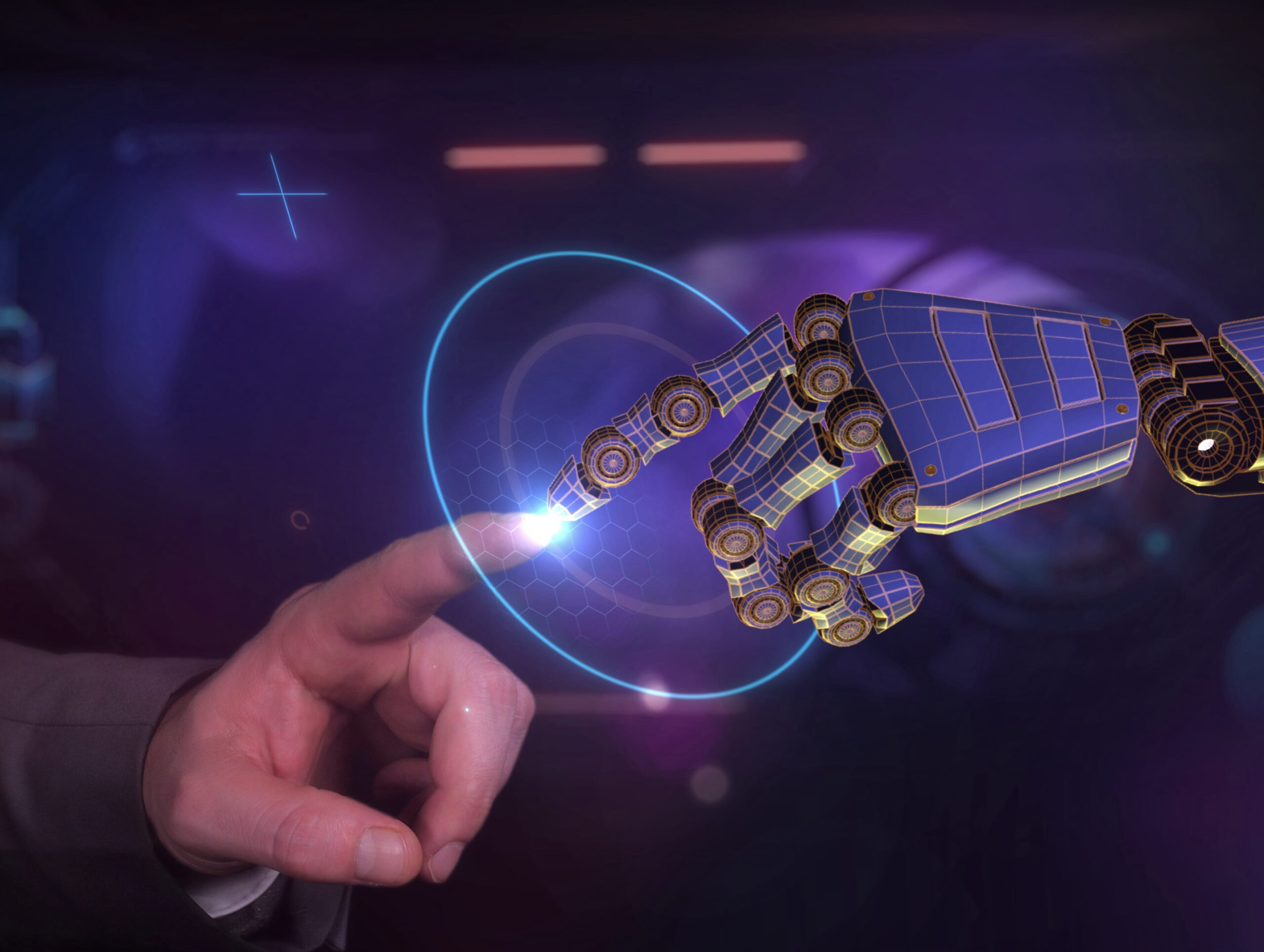 Robot and human hands touching index fingers