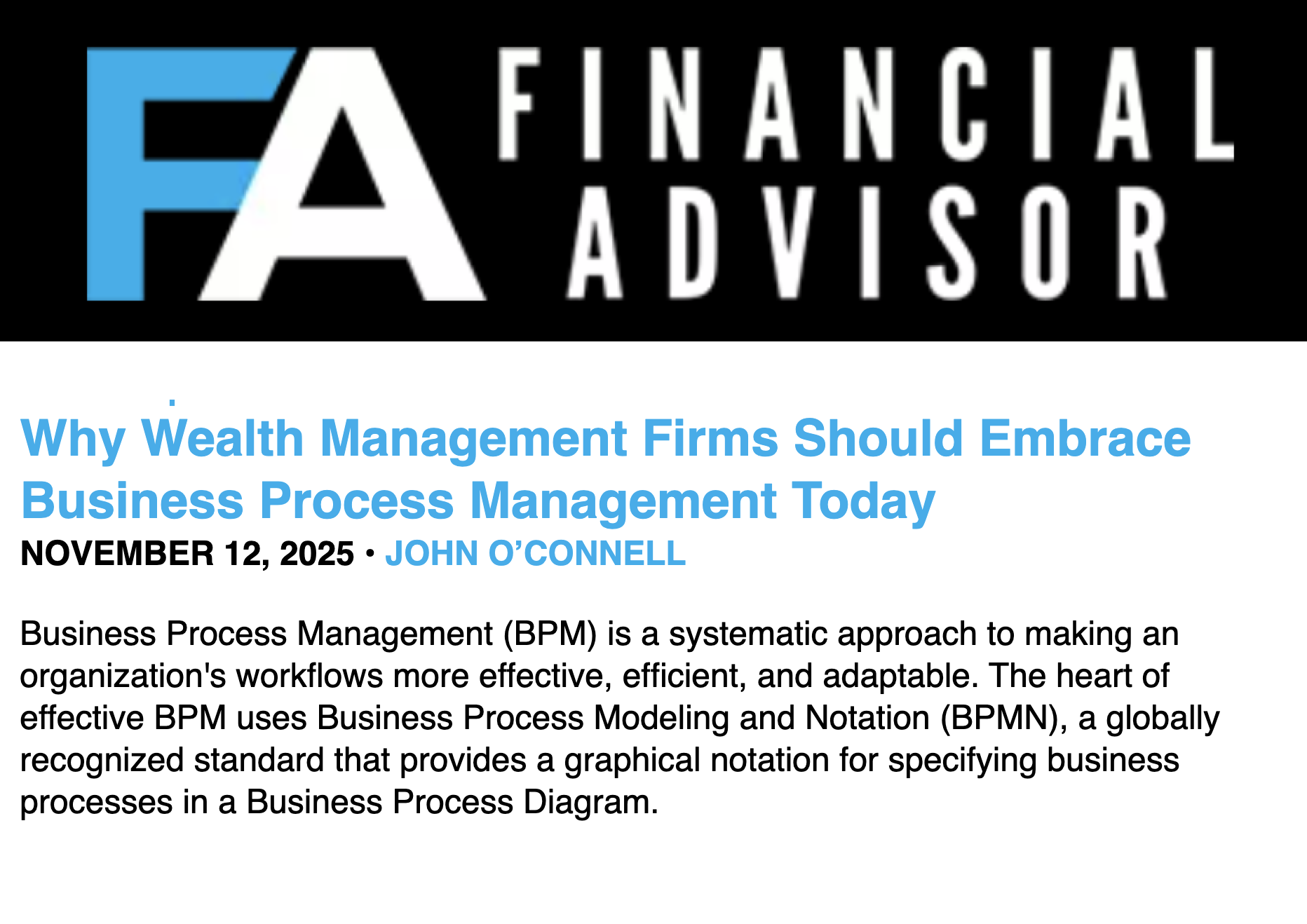 Financial Advisor John O’Connell Published in Financial Advisor Magazine: Why Wealth Management Firms Should Embrace Business Process Management Today