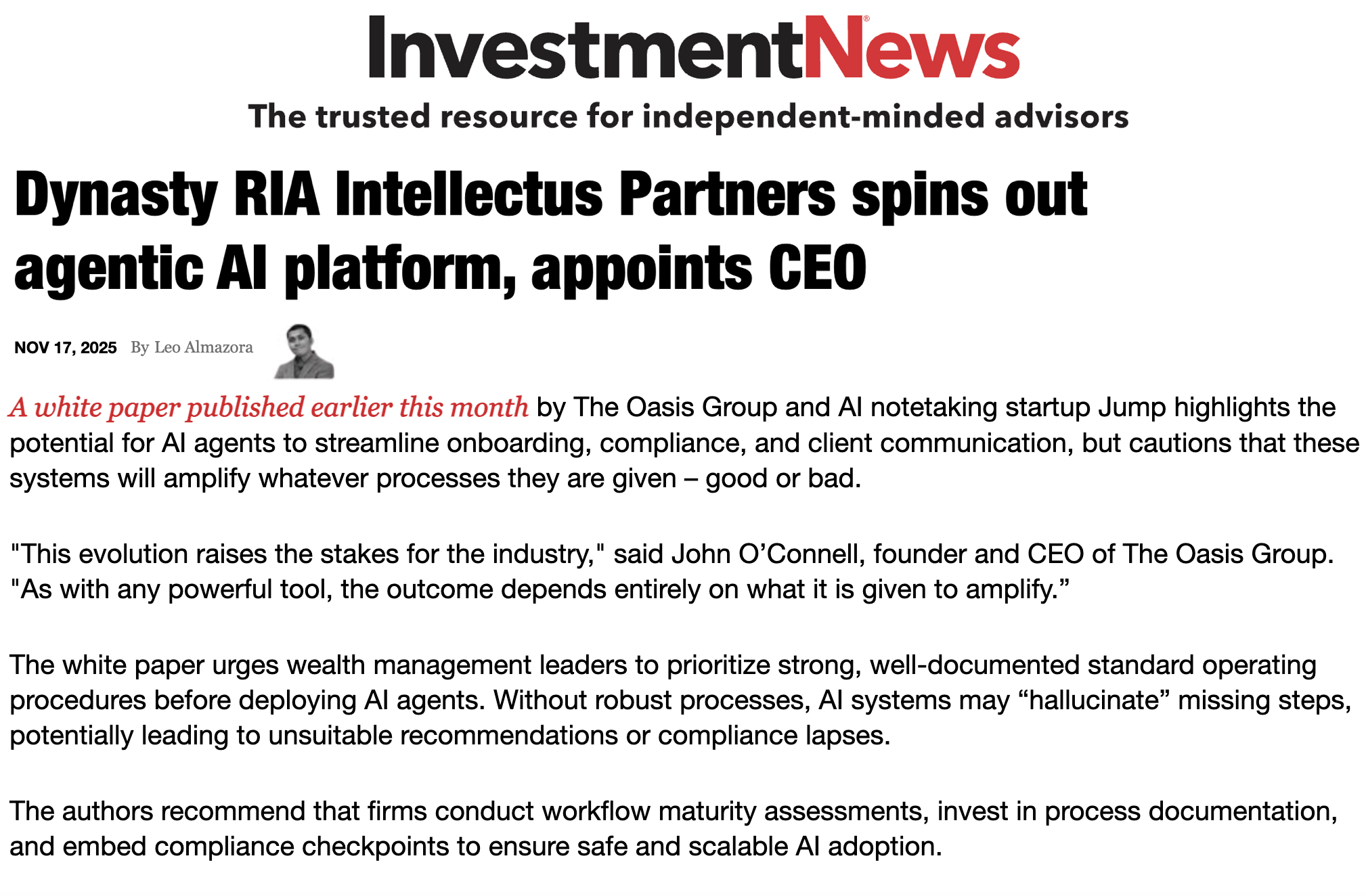 Financial Planning Magazine: Dynasty RIA Intellectus Partners spins out agentic AI platform, appoints CEO