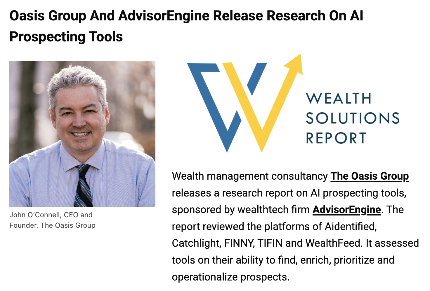 Oasis Group Featured in Wealth Solutions Report Wealthtech Roundup