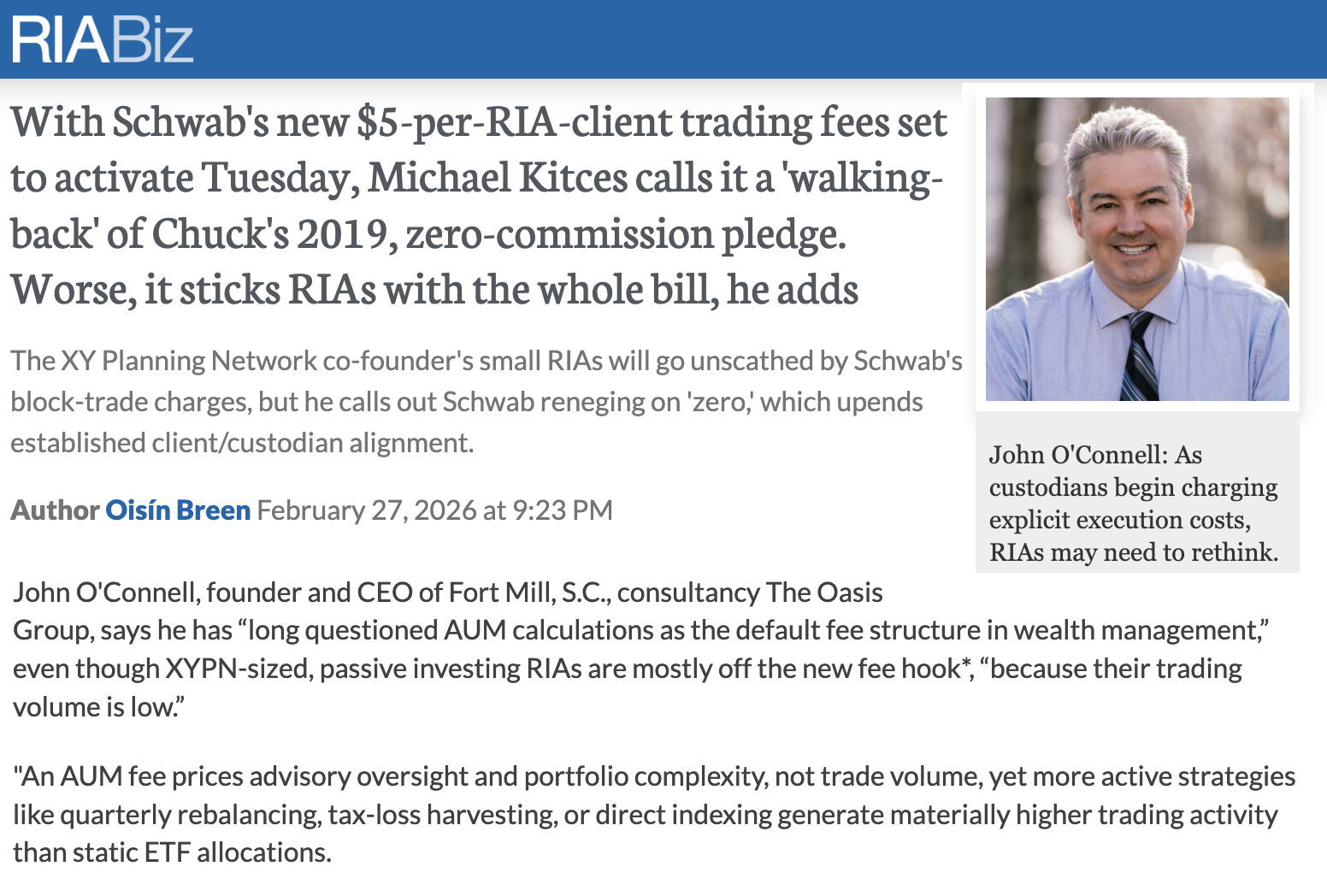 John O'Connell Featured in RIABiz: Schwab's new $5-per-RIA-client trading fees set to activate Tuesday