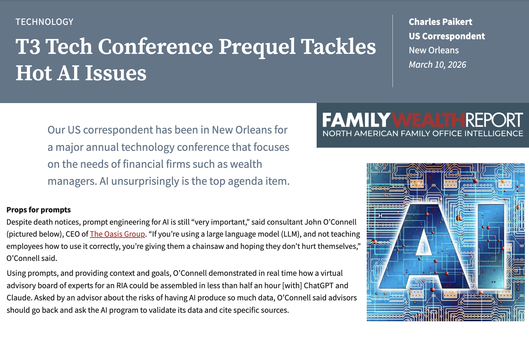 John O’Connell Featured in Family Wealth Report: T3 Tech Conference Prequel Tackles Hot AI Issues