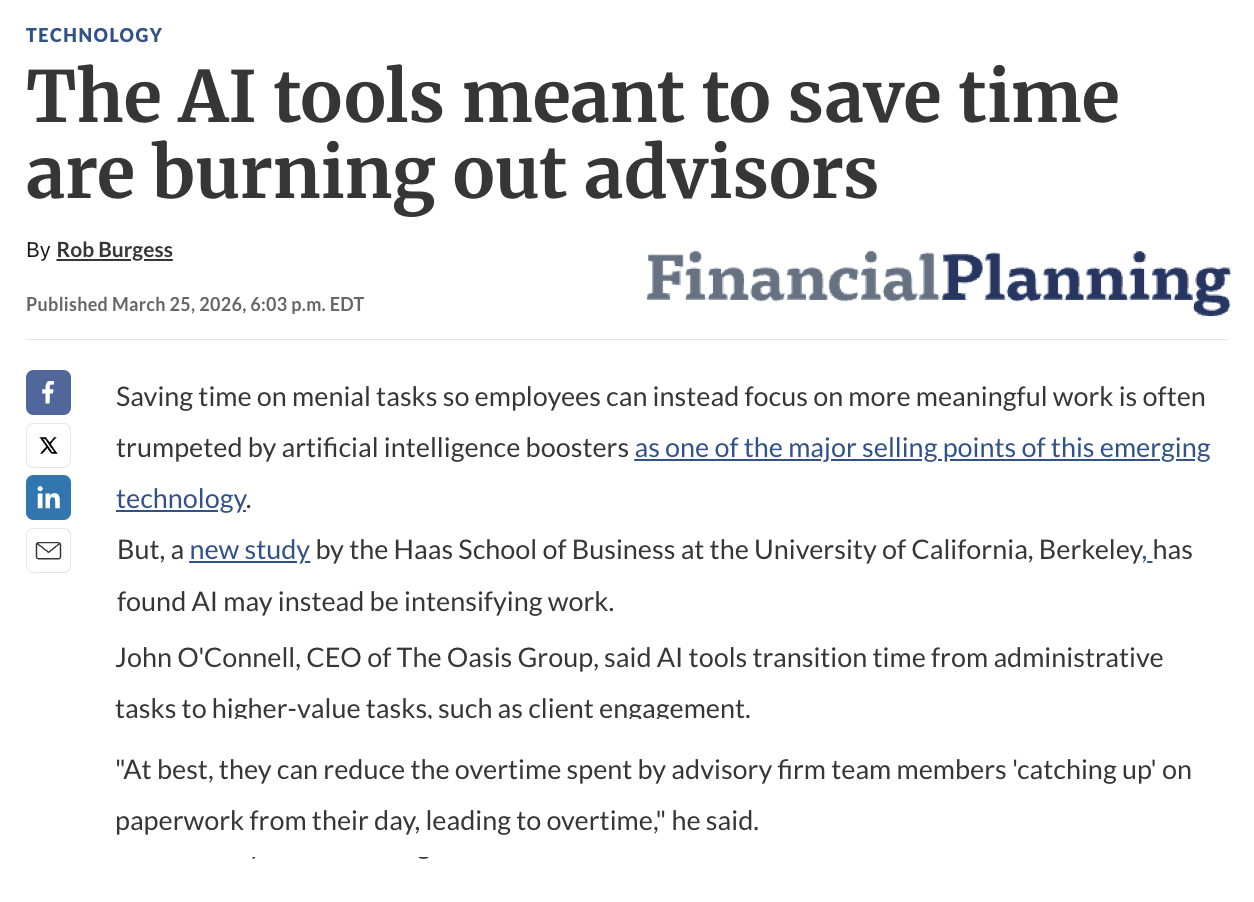 John O'Connell Quoted in Financial Planning Magazine: The AI tools meant to save time are burning out advisors