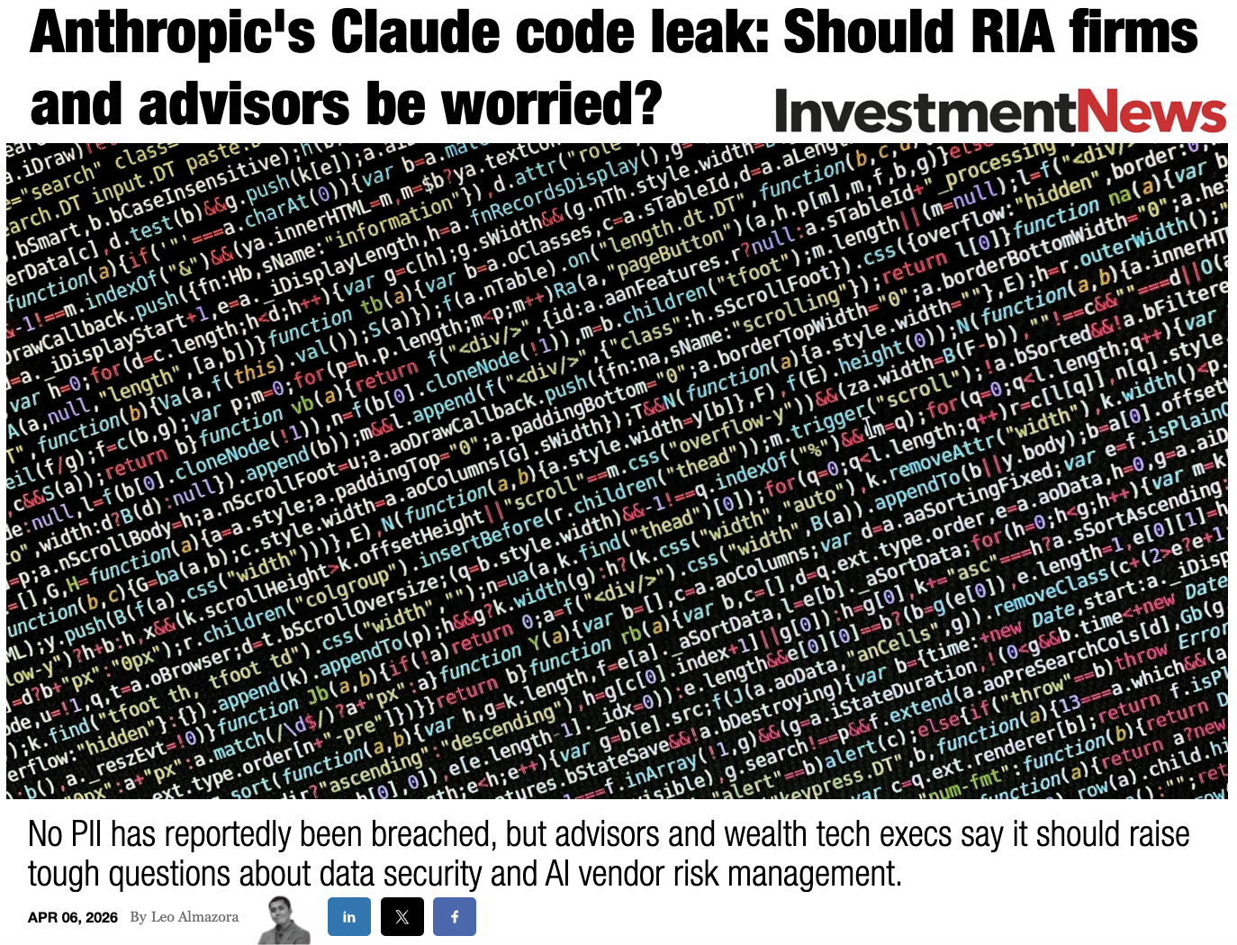 Anthropic Claude code leak: Should RIA firms and advisors be worried?